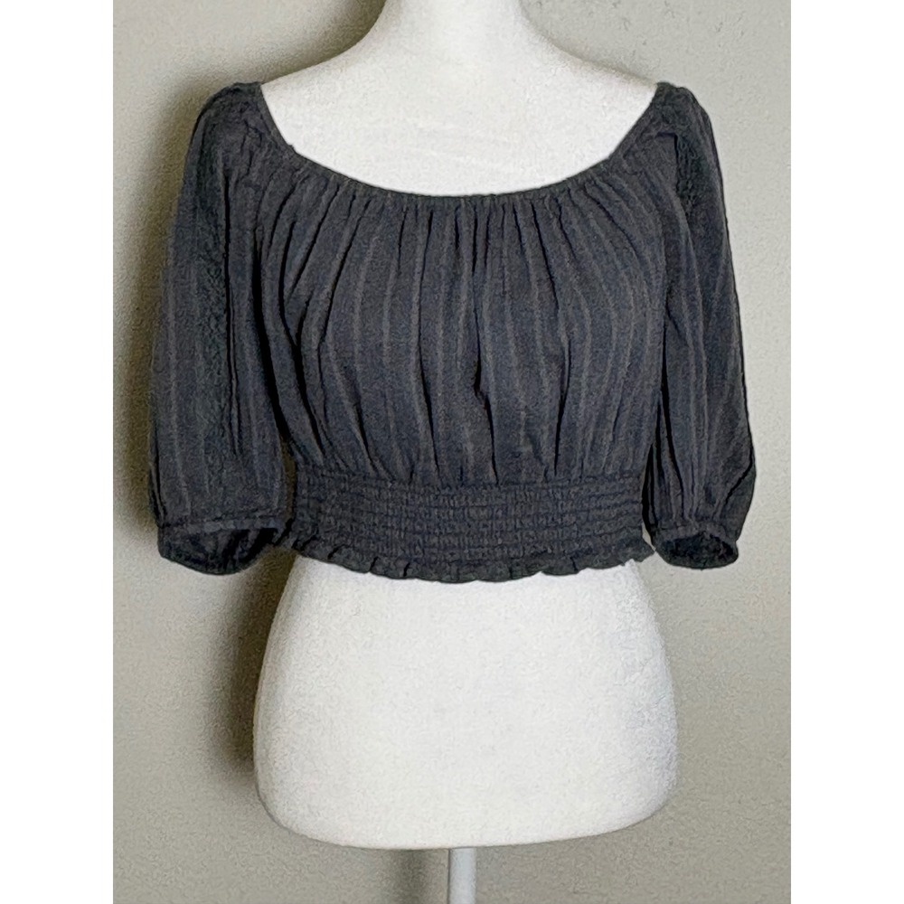 A&E Vintage Y2K Gray Smocked Cropped Peasant Top Puff Sleeve Eyelet Boho S